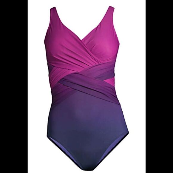 Land’s End Plus size Slenderize one piece Swim Ombré crossover soft cup 12DD - Picture 1 of 6
